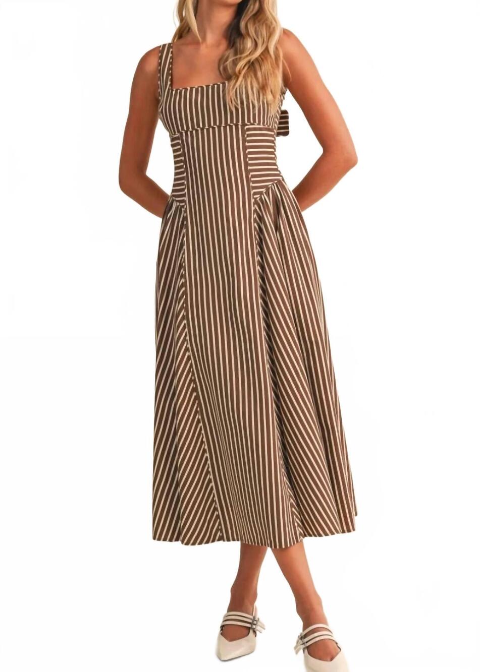 NEW KLESIS striped back buckle piping detail midi dress in neutral taupe and whi